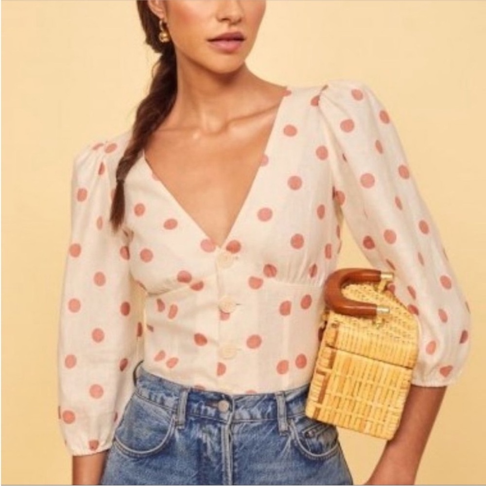 Reformation Blouse with Pink Polka Dots